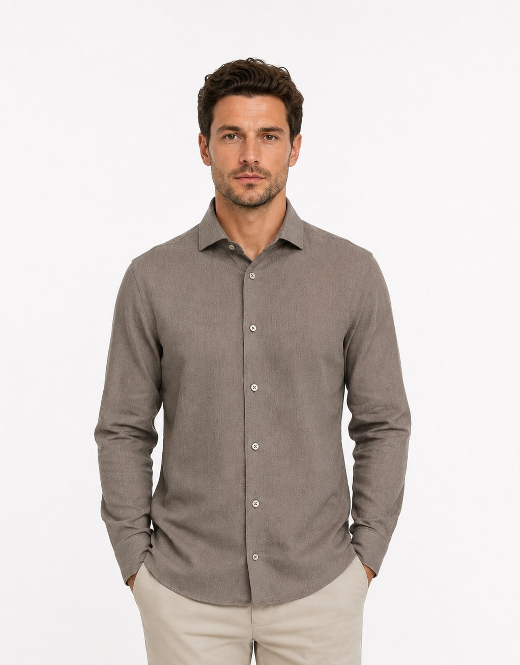 Remus Uomo Tapered Long Sleeve Formal Shirt - Light Brown