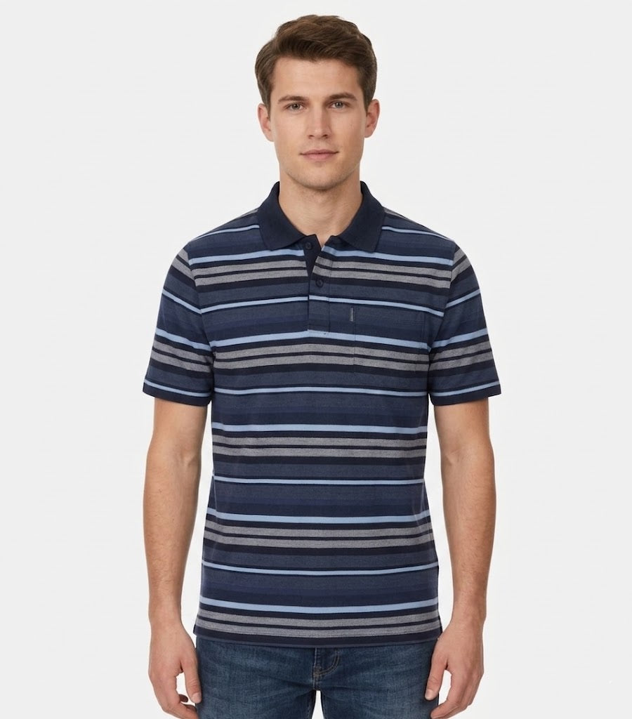 Casa Moda Short Sleeve Striped Polo Shirt - Dark Blue