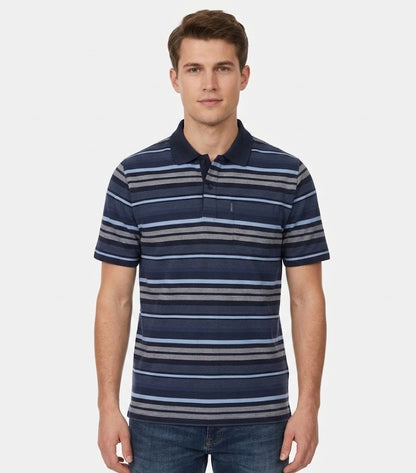 Casa Moda Short Sleeve Striped Polo Shirt - Dark Blue