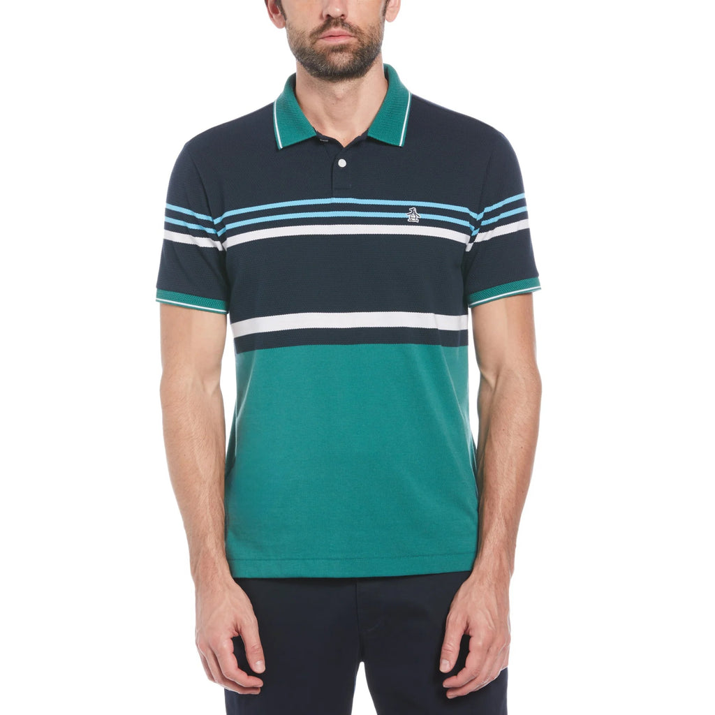 Original Penguin Jacquard Honeycomb Striped Pattern Polo Shirt - Antique Green