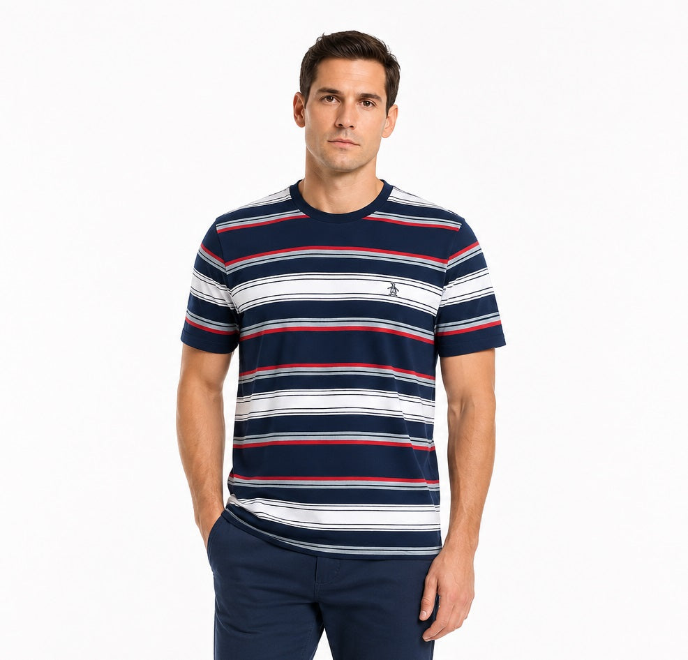 Original Penguin Multi Stripe Jersey Organic Cotton T-Shirt - Dress Blues