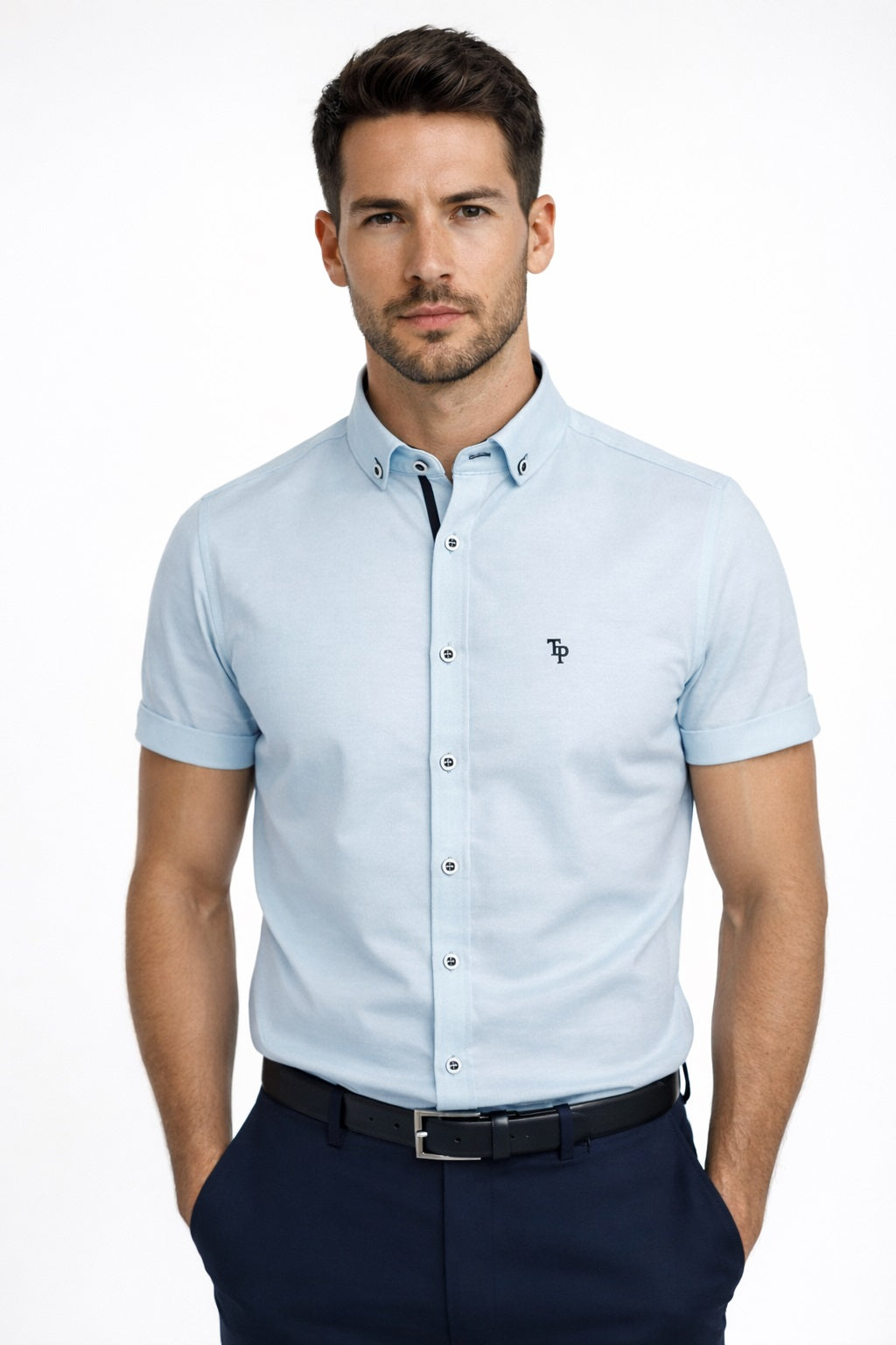 Tom Penn Short Sleeve Oxford Casual Shirt 828 - Ocean