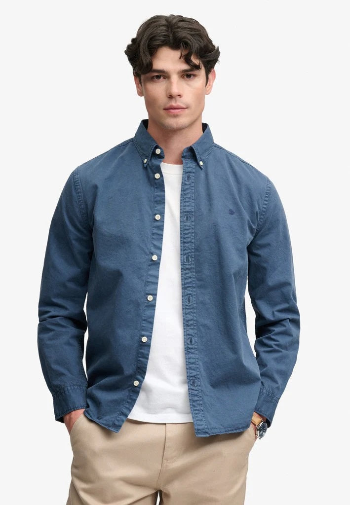 Superdry Garment Dyed Long Sleeve Shirt - Tumbled Slate Blue