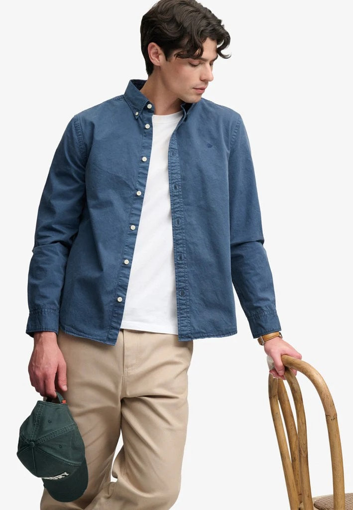 Superdry Garment Dyed Long Sleeve Shirt - Tumbled Slate Blue