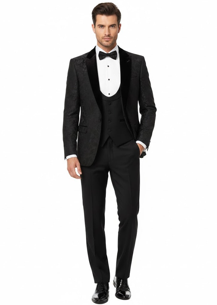 Remus Uomo Flower Print Monti Z Slim Fit Tuxedo Jacket - Black