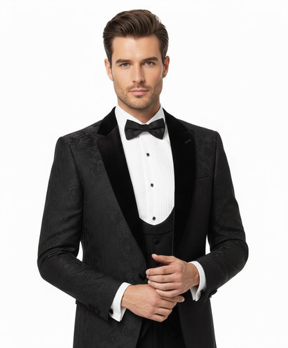 Remus Uomo Flower Print Monti Z Slim Fit Tuxedo Jacket - Black