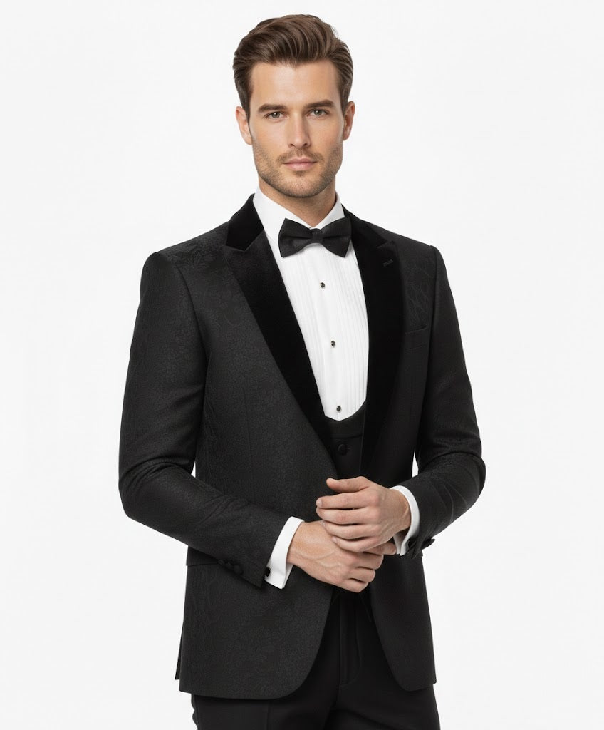 Remus Uomo Flower Print Monti Z Slim Fit Tuxedo Jacket - Black