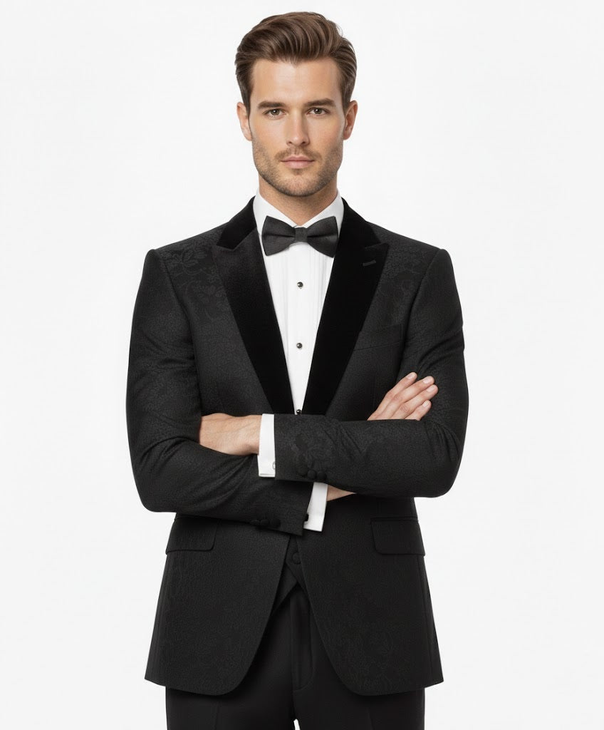 Remus Uomo Flower Print Monti Z Slim Fit Tuxedo Jacket - Black