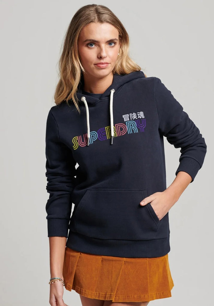 Ladies Superdry Retro Rainbow Logo Graphic Hoodie - Darkest Navy