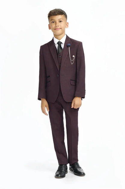 Boys Cavani Tailored Fit Cardi 3 Piece Suit - Wine