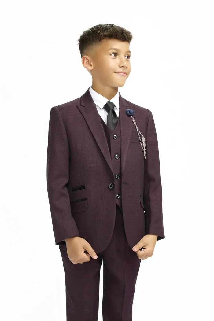Boys Cavani Tailored Fit Cardi 3 Piece Suit - Wine