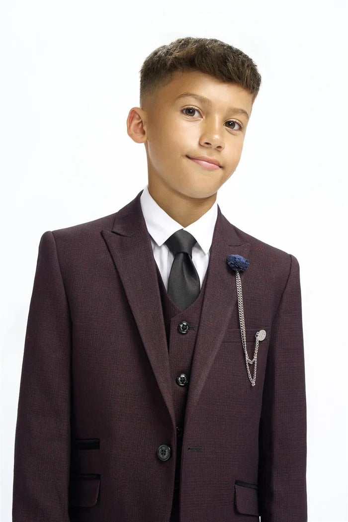Boys Cavani Tailored Fit Cardi 3 Piece Suit - Wine