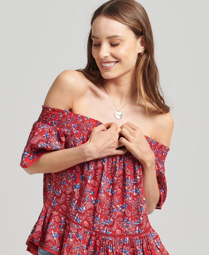 Ladies Superdry Vintage Off Shoulder Woven Top - Paisley Red