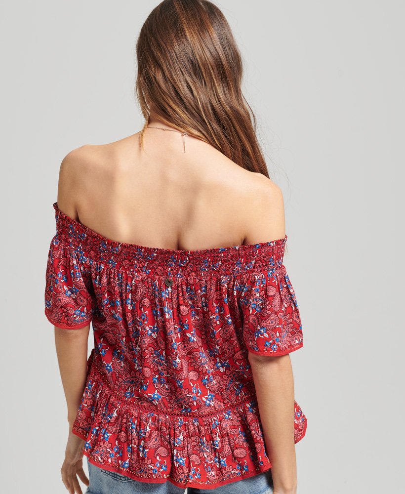 Ladies Superdry Vintage Off Shoulder Woven Top - Paisley Red