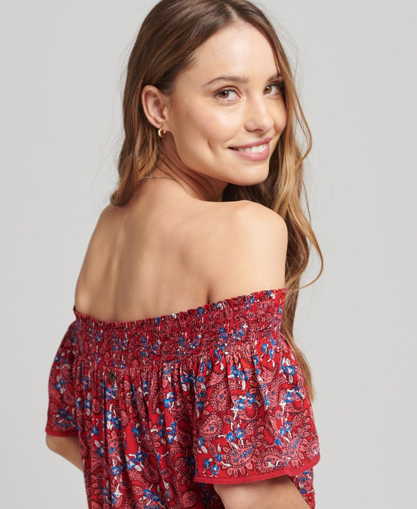 Ladies Superdry Vintage Off Shoulder Woven Top - Paisley Red