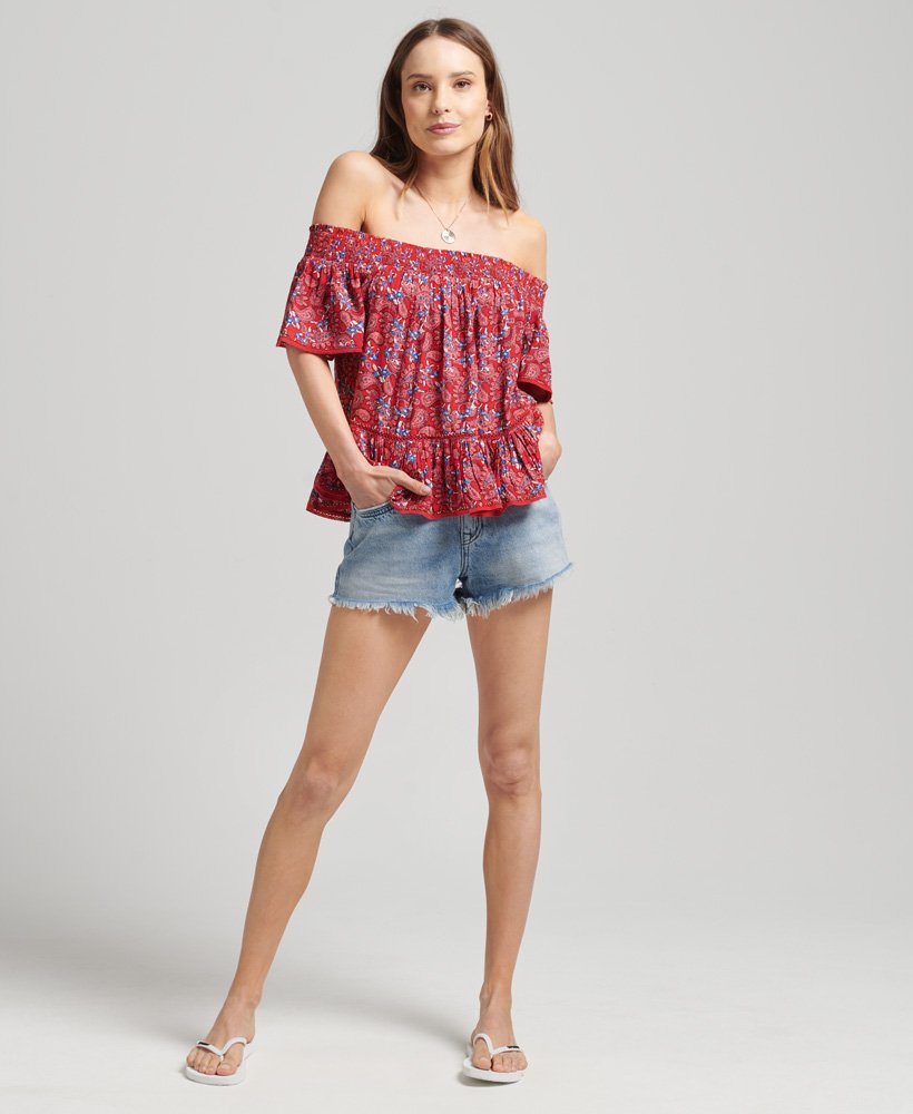 Ladies Superdry Vintage Off Shoulder Woven Top - Paisley Red