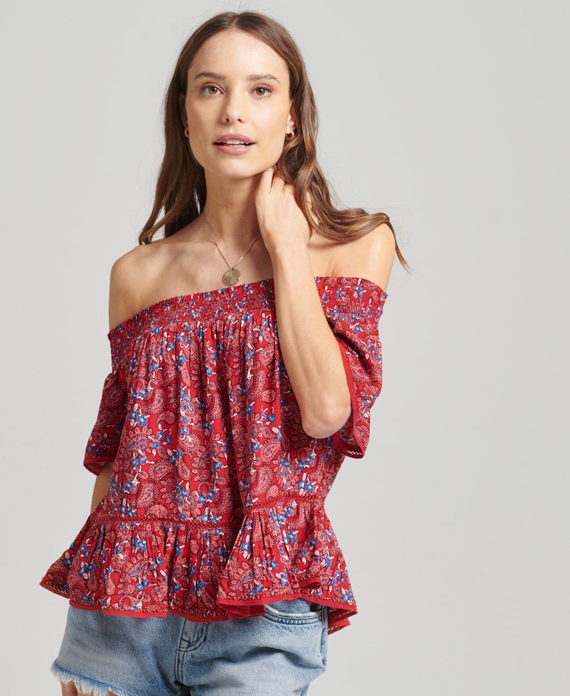 Ladies Superdry Vintage Off Shoulder Woven Top - Paisley Red