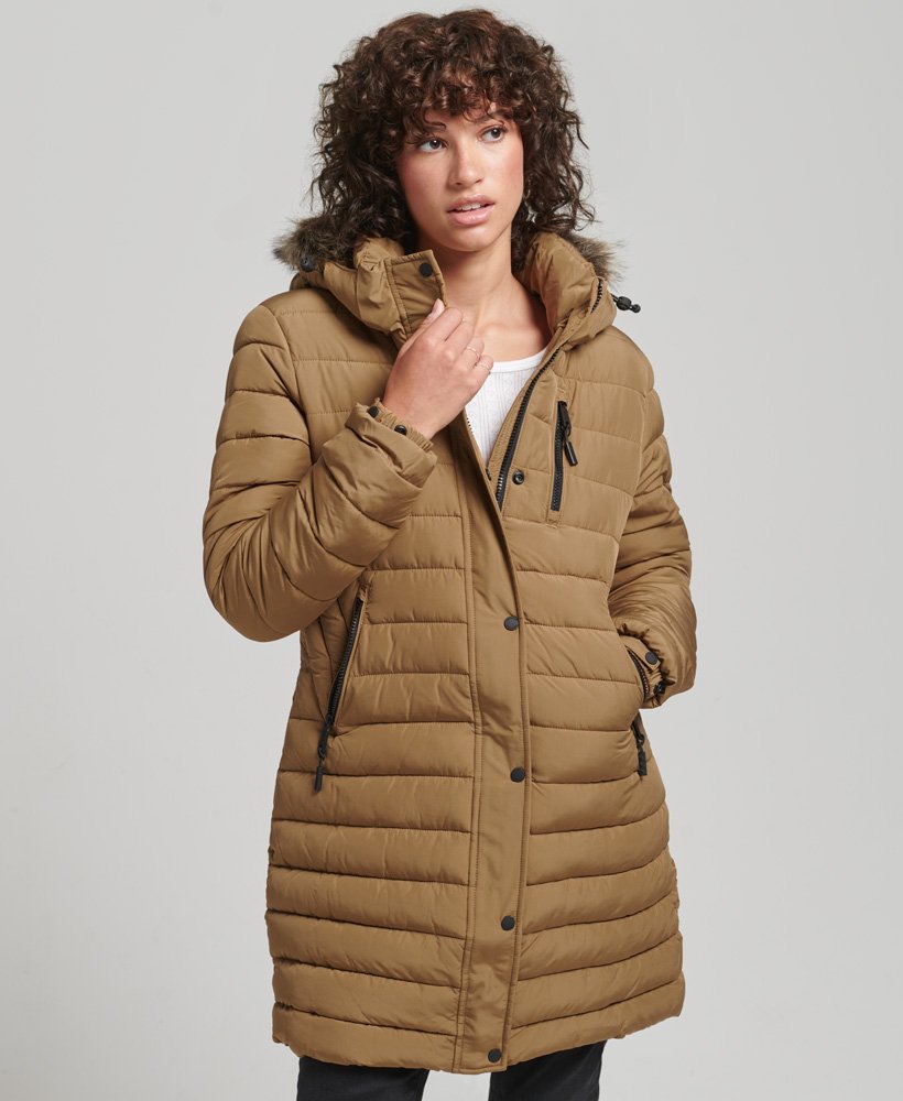 Ladies Superdry Fuji Hooded Mid Length Jacket - Sandstone Brown