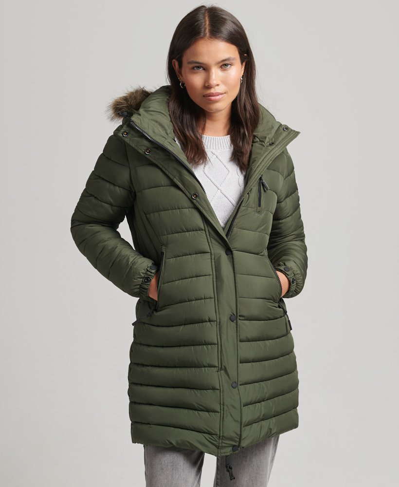 Ladies Superdry Fuji Hooded Mid Length Puffer Jacket - Dark Moss Green