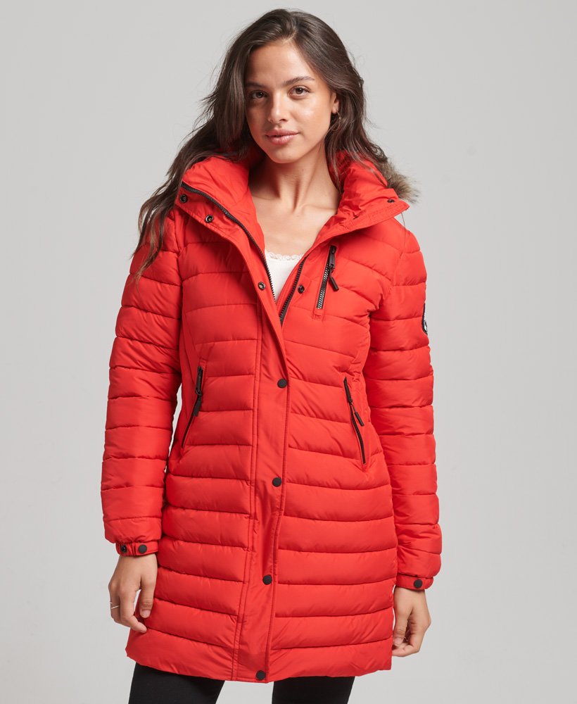 Ladies Superdry Fuji Hooded Mid Length Jacket - Varsity Red