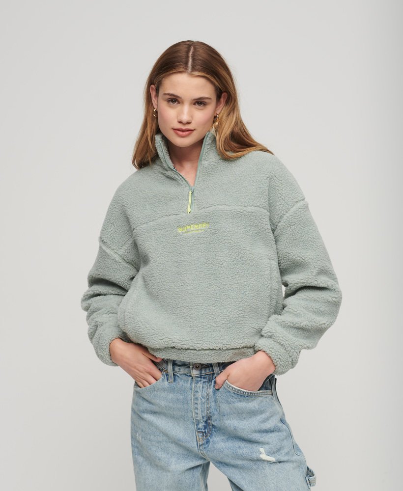 Ladies Embroidered Borg Half Zip Teddy Sweatshirt - Light Jade Green