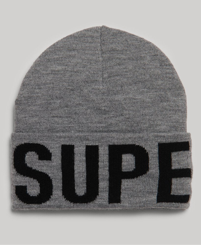 Mens Superdry Branded Knitted Beanie Hat - Silver