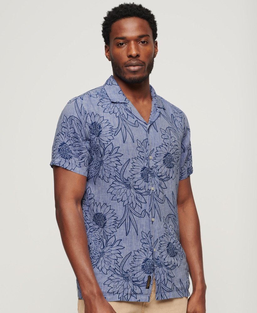 Superdry Open Collar Print Linen Short Sleeve Shirt - Chrysanth Optic Outline Print