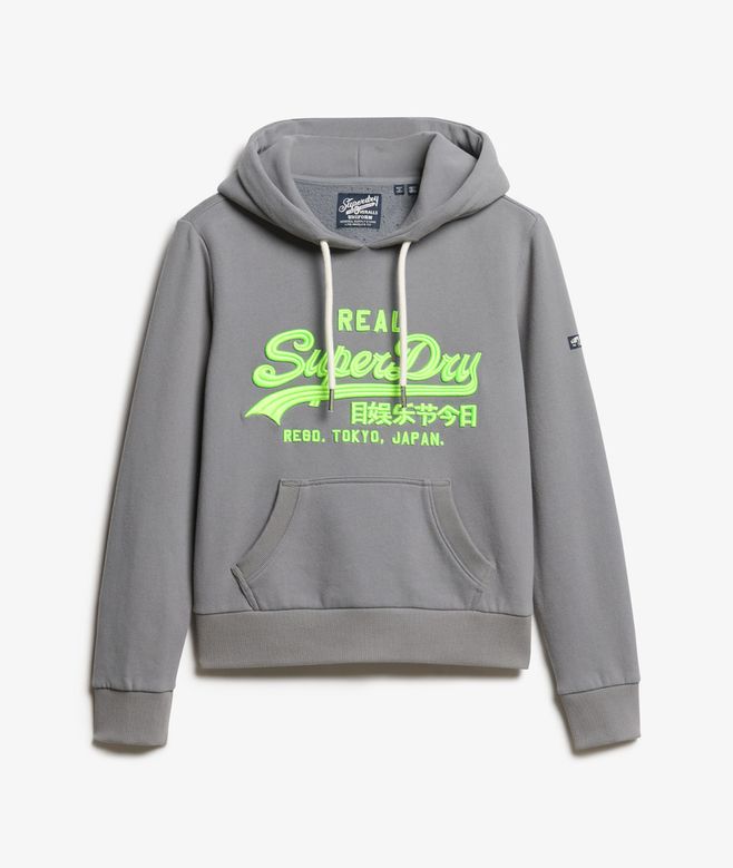Superdry Unisex Neon Vintage Logo Embroidered Graphic Hoodie - Mid Grey