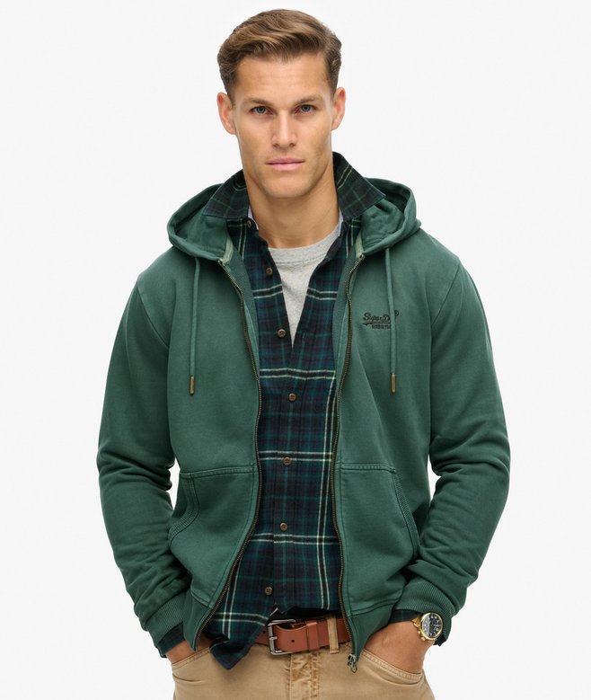 Superdry Essential Logo Washed Full Zip Hoodie - Forest Green