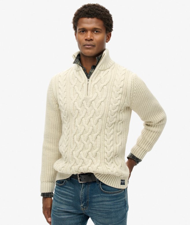 Superdry Jacob Cable Knit Half Zip - Ecru