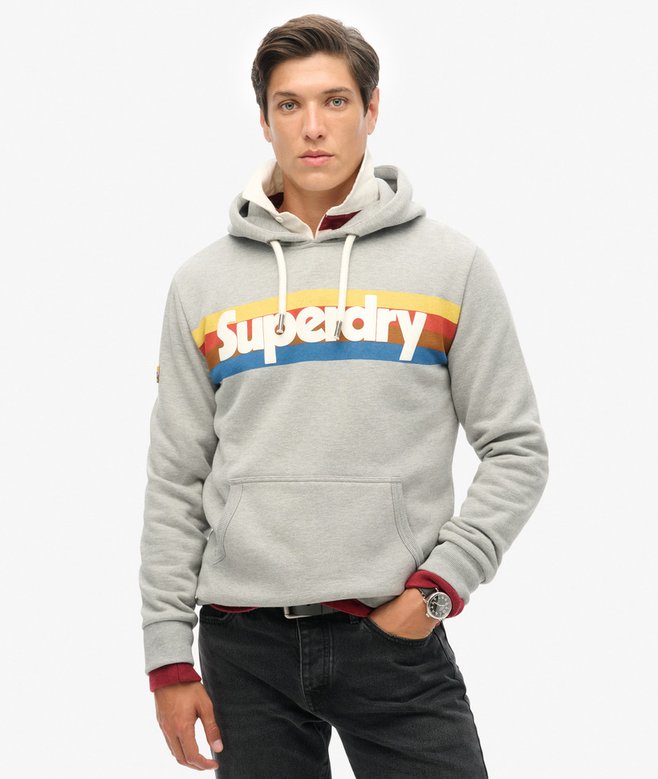 Superdry Retro Stripe Logo Hoodie - Grey Marl