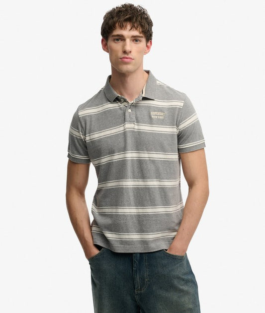 Superdry Vintage Stripe Jersey Polo Shirt - Griffin Grey Marl Stripe