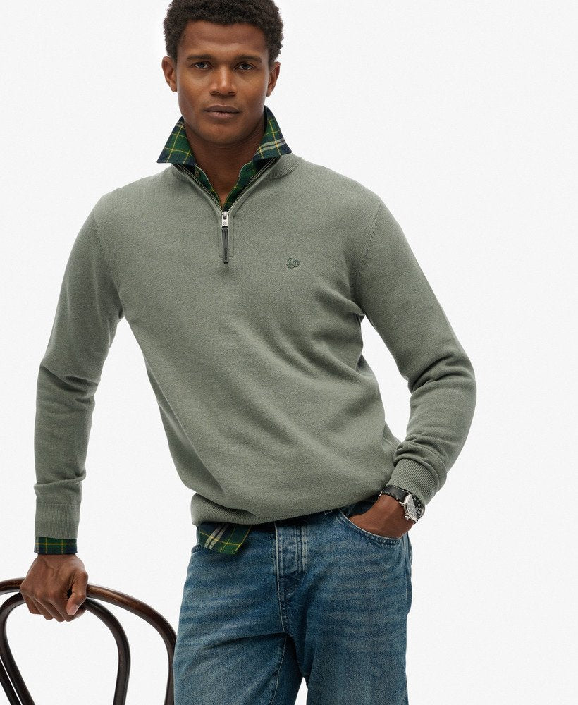 Superdry Essentials Cotton Half Zip Sweater - Lily Pad Green Marl