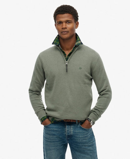 Superdry Essentials Cotton Half Zip Sweater - Lily Pad Green Marl
