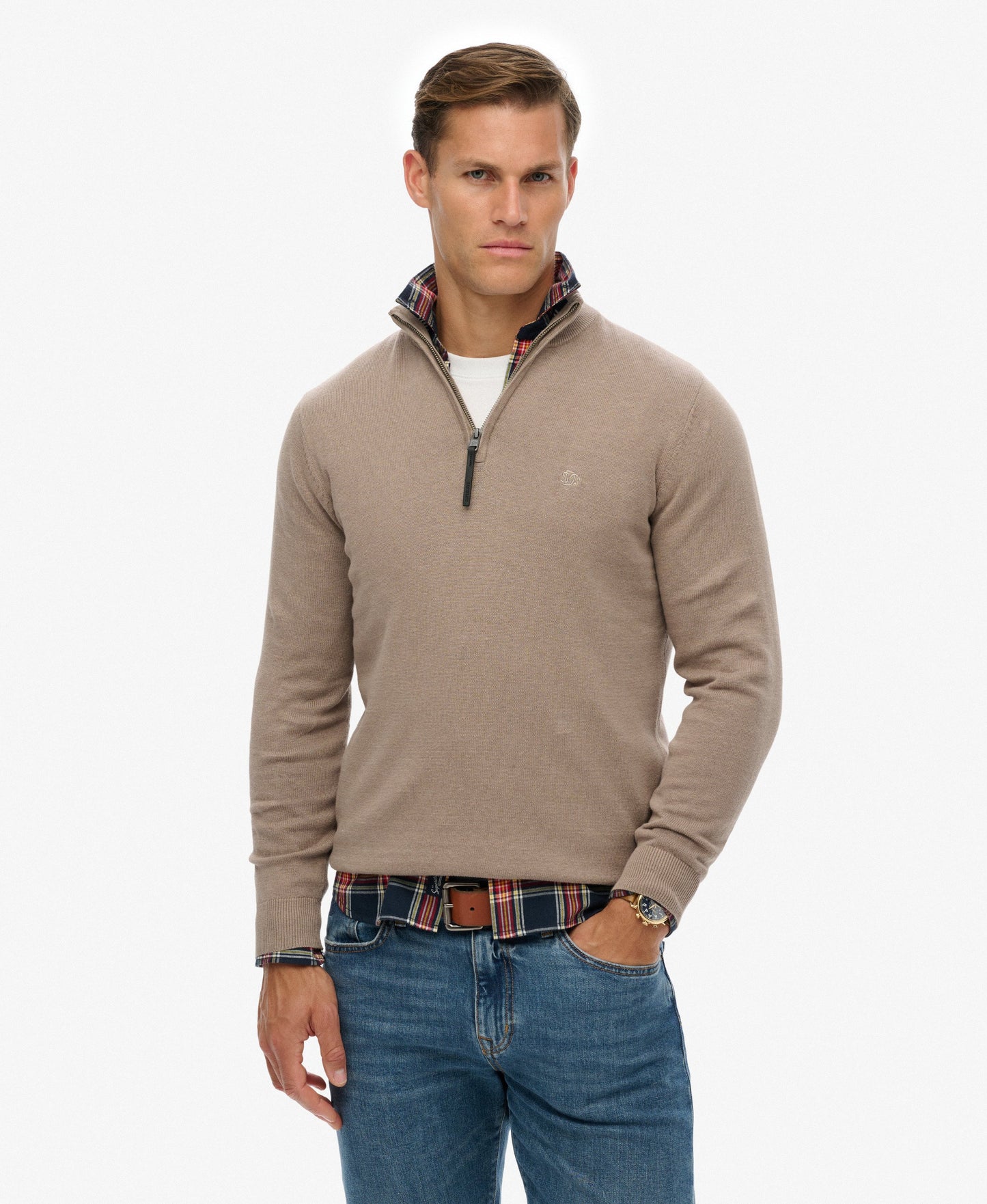 Superdry Essentials Cotton Half Zip Sweater - Husk Brown Marl