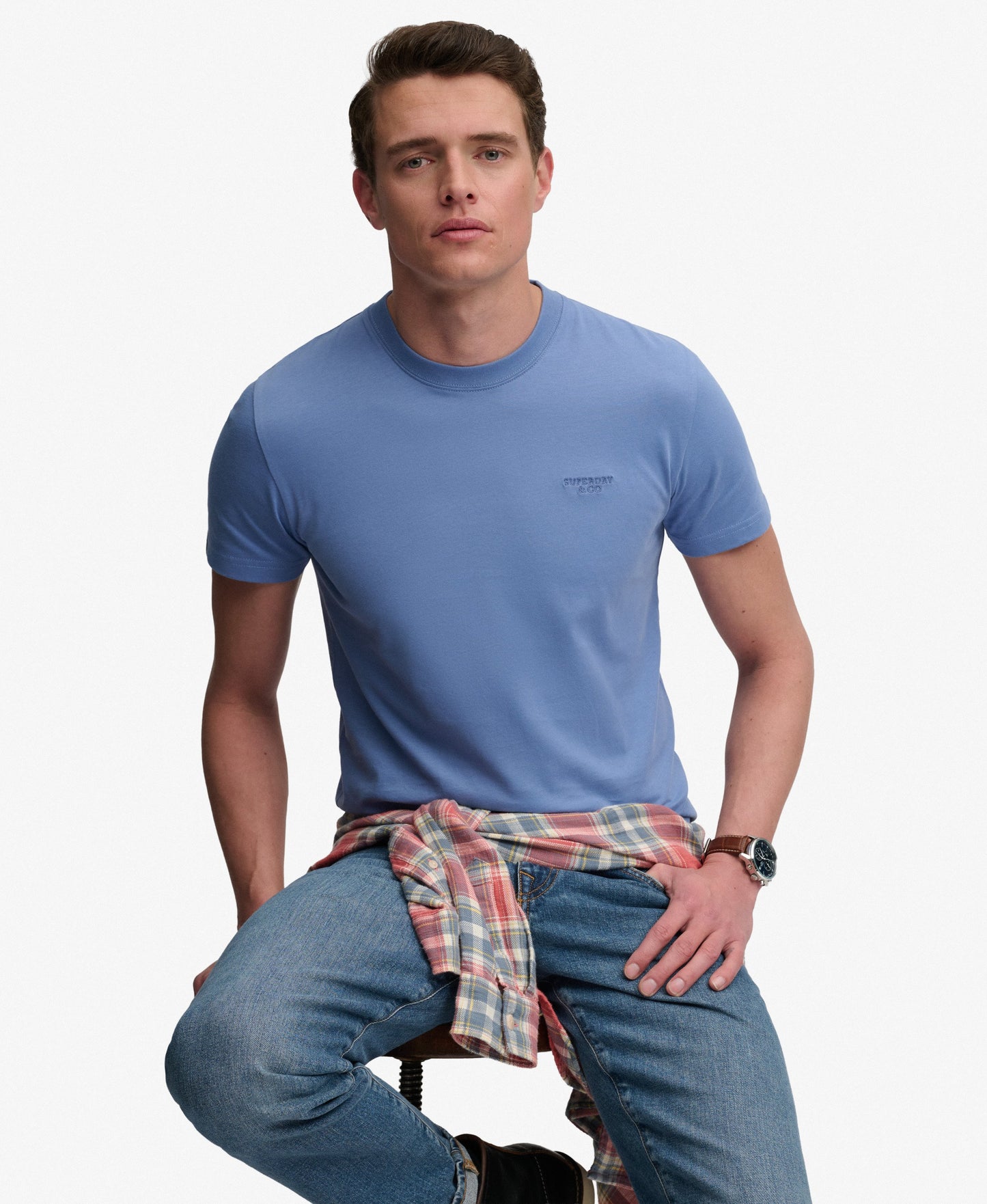 Superdry Essential Stacked Logo Embroidered T-Shirt - Colony Blue/Mid Blue