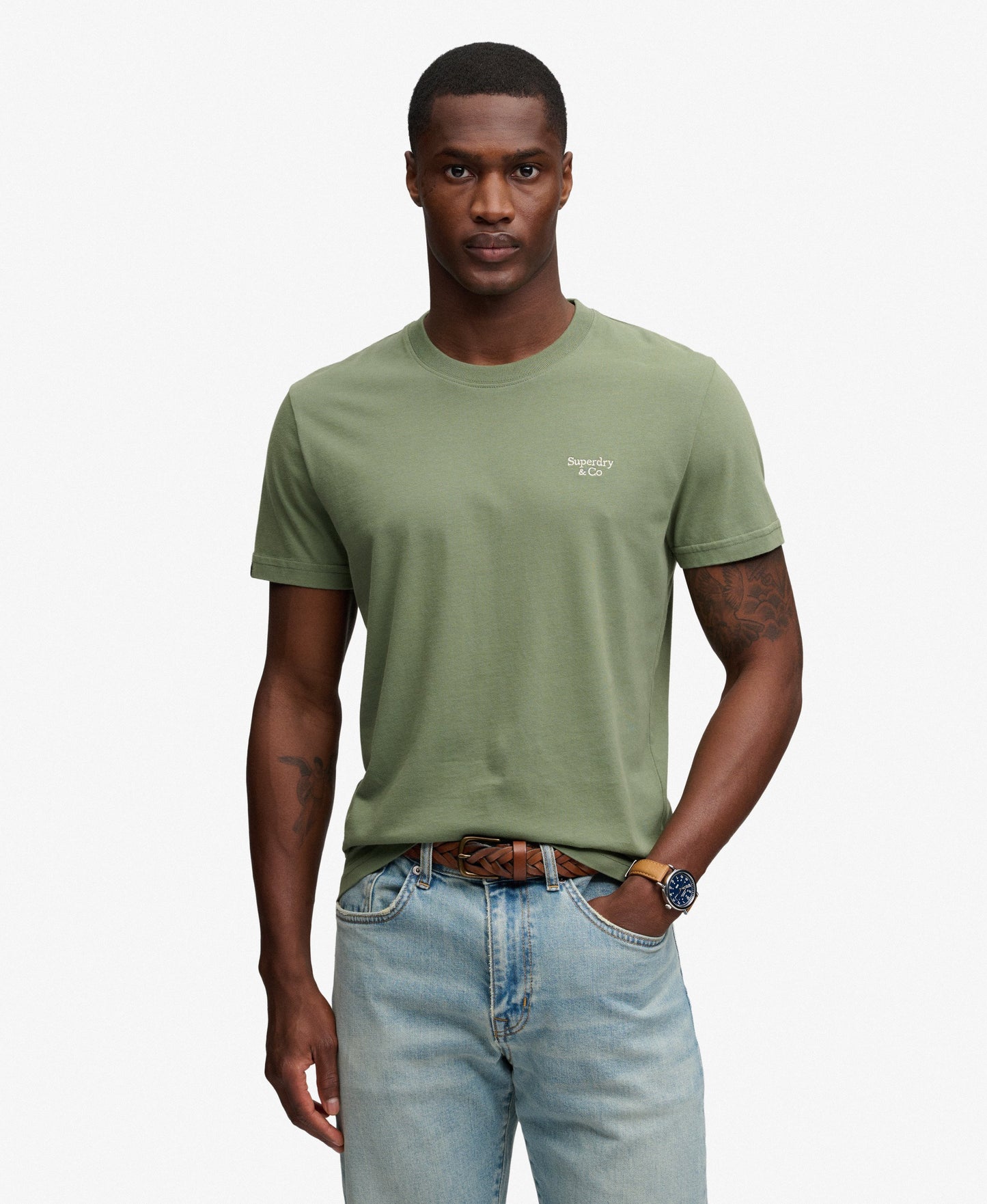 Superdry Essential Serif Logo Embroidered T-Shirt - Laurel Khaki/Chalk