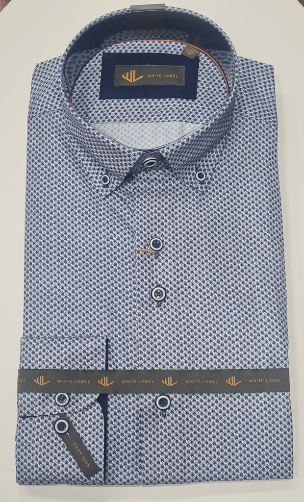 White Label Long Sleeve Fish Pattern Formal Shirt - Blue/White