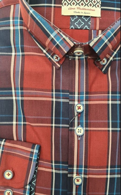 Dario Beltran Frades Long Sleeve Shirt - 990 Red / Navy Check