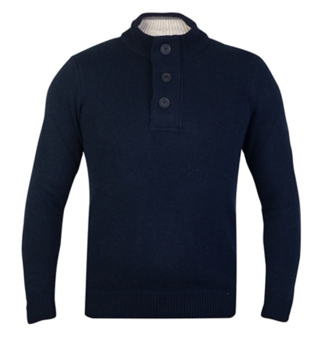Guide London Funnel Neck Knit With Half Zip And Button Placket - Navy