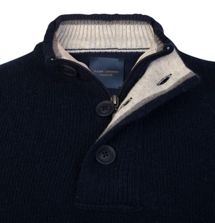 Guide London Funnel Neck Knit With Half Zip And Button Placket - Navy