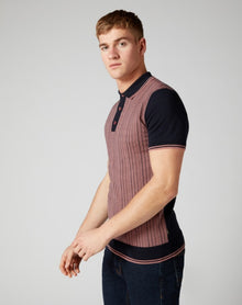 Remus Uomo Short Sleeve Knit Polo Shirt - Pink/Navy