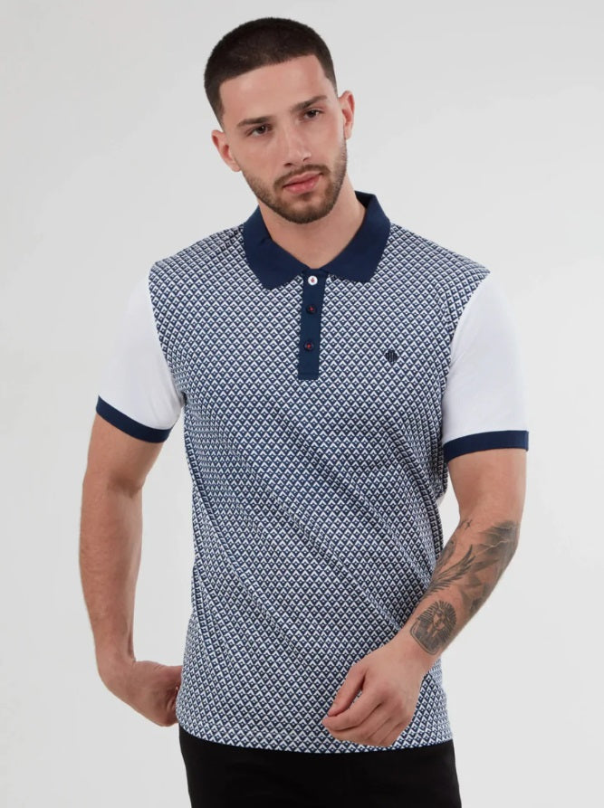 Mish Mash Sirus Diamond Print Short Sleeve Polo Shirt  - White