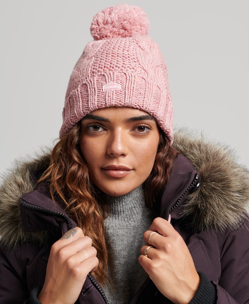 Ladies Superdry Cable Knit Bobble Beanie - Rose Tweed