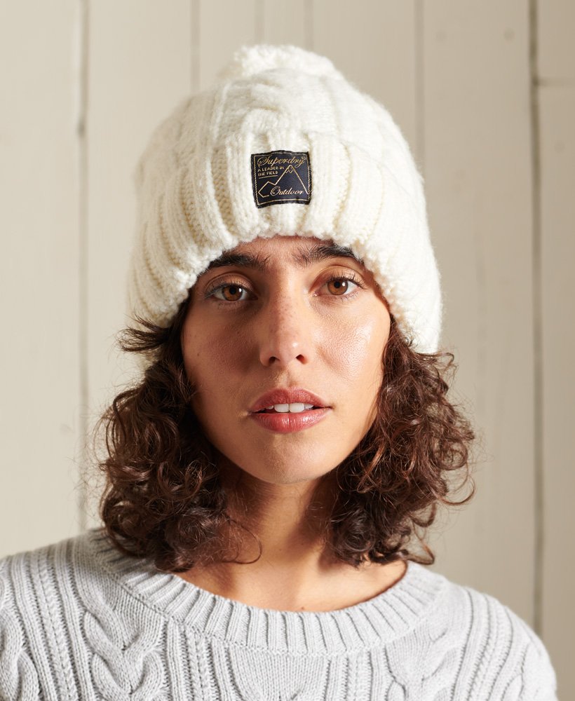 Ladies Superdry Tweed Cable Beanie - Winter White