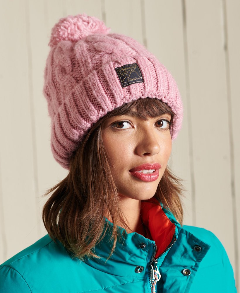 Ladies Superdry Tweed Cable Beanie - Vintage Smoke Pink Tweed