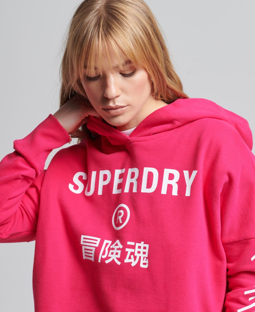 Ladies Superdry Code Core Sport Crop Box Hoodie - Fuchsia